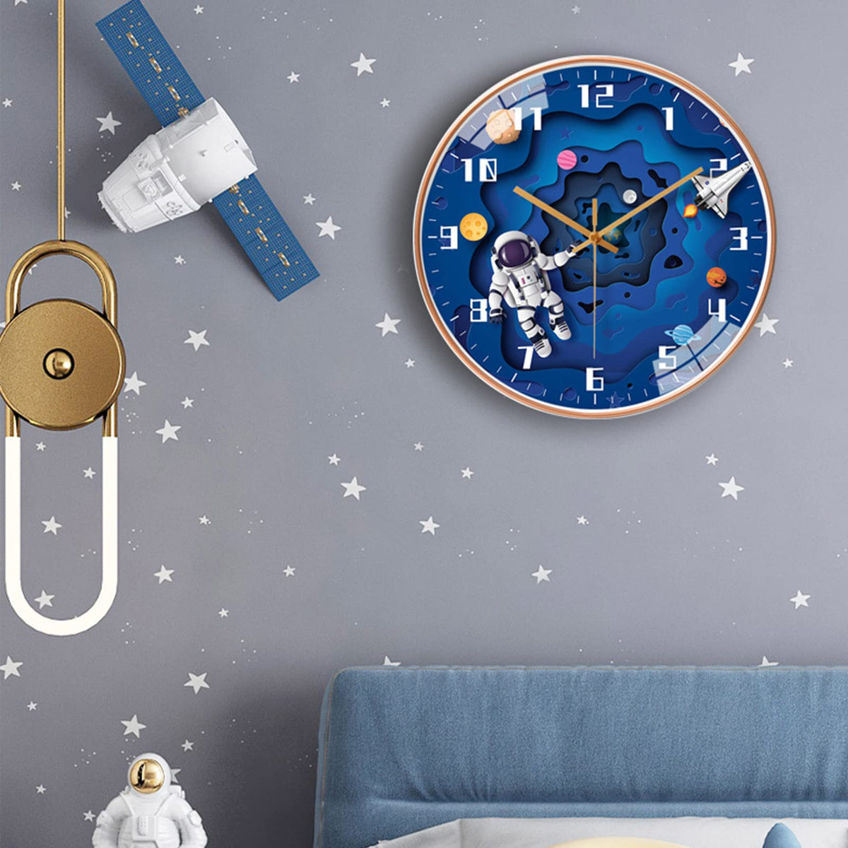 QINFIEY blue space-theme clock adds vibrant bedroom decor.