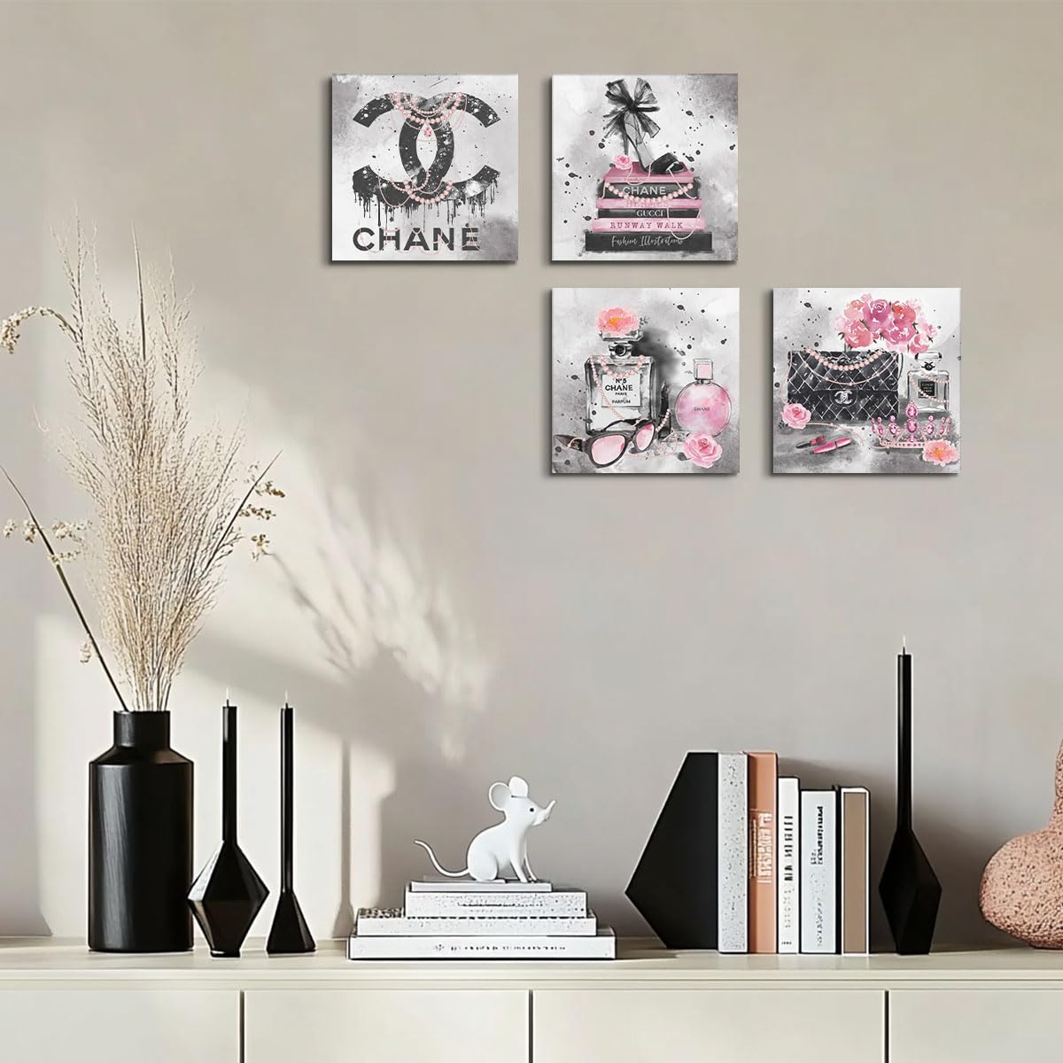 QINGTAI pink living room wall art set for stylish, modern ambiance 8x8.
