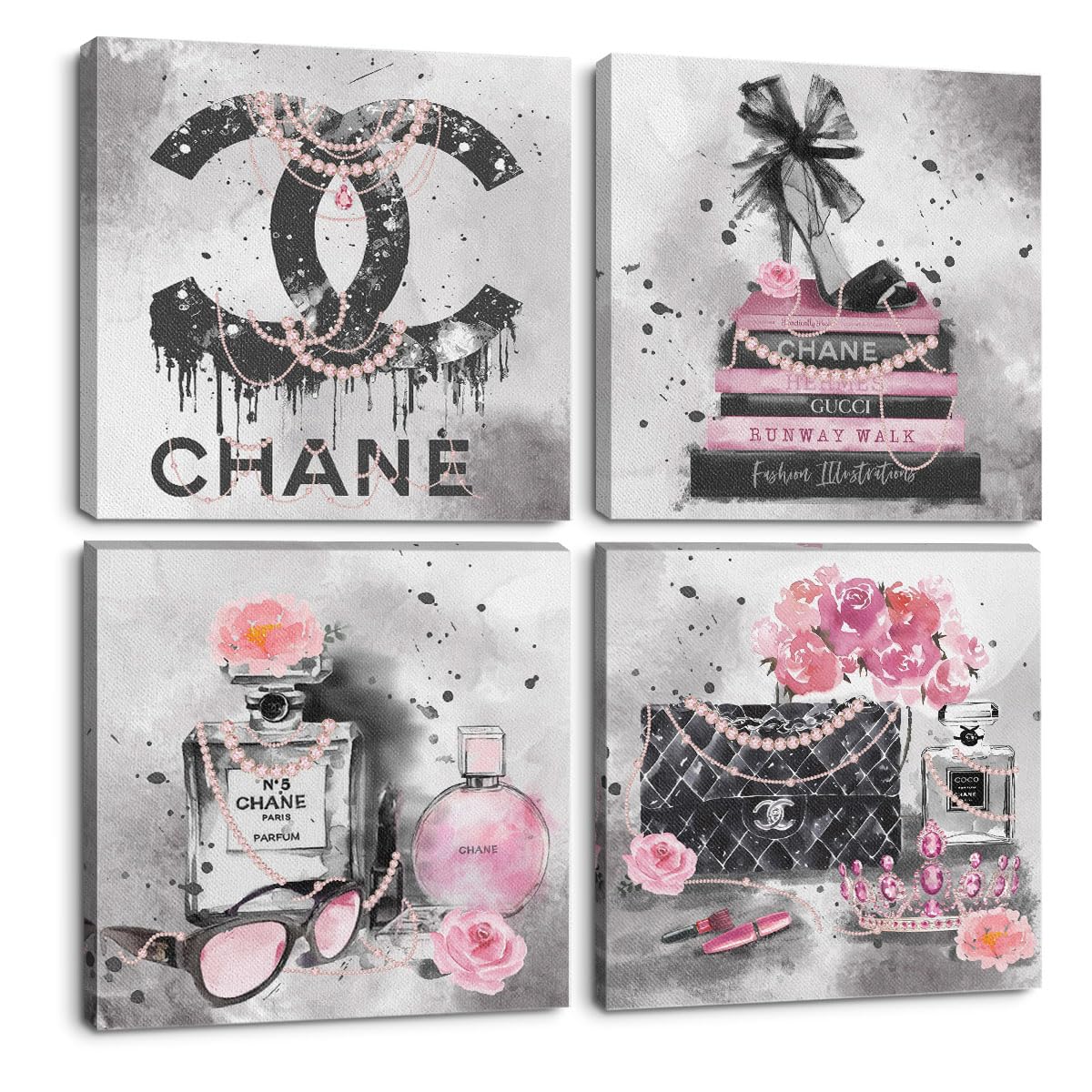 QINGTAI pink fashion canvas wall art set of four for chic bedroom decor.