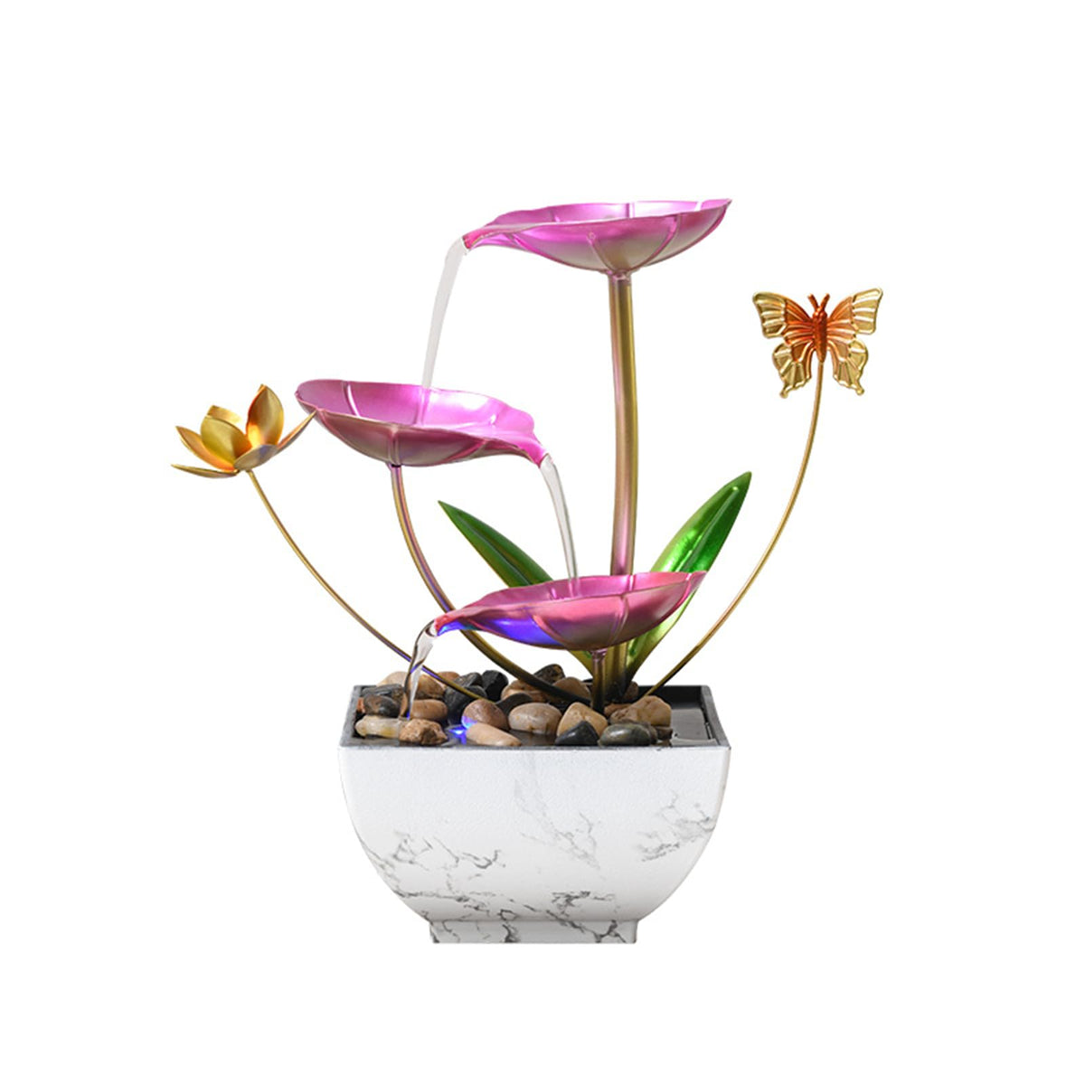 QINGYINGGE 11in pink tabletop fountain with lotus flowers elevates desk aesthetics and calm ambiance.