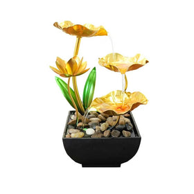 QINGYINGGE 11 inch gold tabletop fountain overview for tranquil desk ambiance.