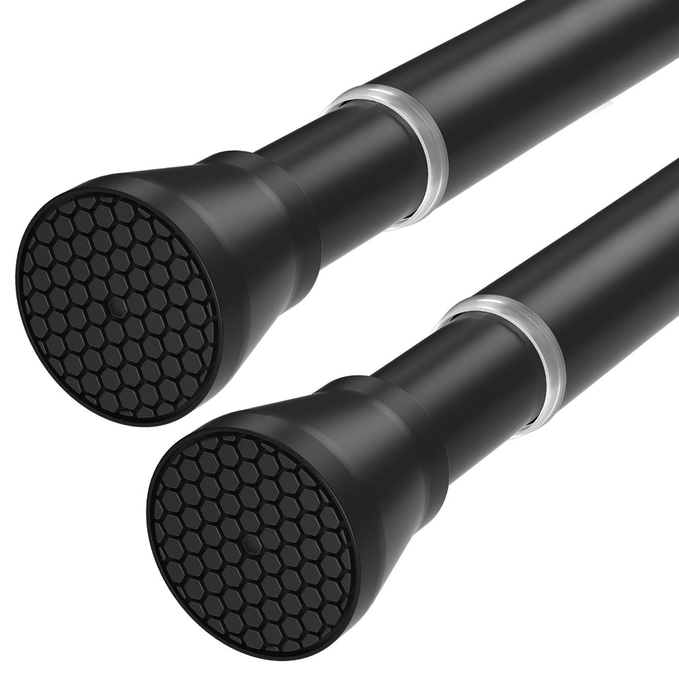 QINGYUN black tension rod extended to 28–48 inches for a snug curtain fit.
