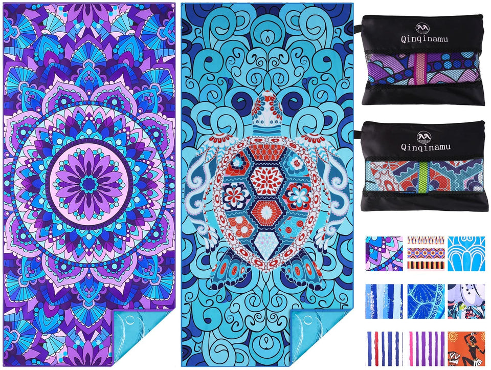 Qinqinamu two-pack microfiber beach towels unfolded for generous coverage.