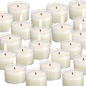 Qinxiang unscented ivory tea light in a clear cup for safe, clean ambiance.