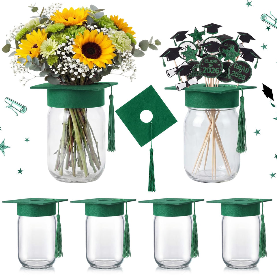 Qinyoung graduation cap jars green set, ideal centerpiece decor for celebrations.