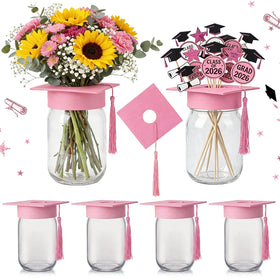 Qinyoung graduation-cap mason jar pink with perforated lid, ideal for table centerpieces