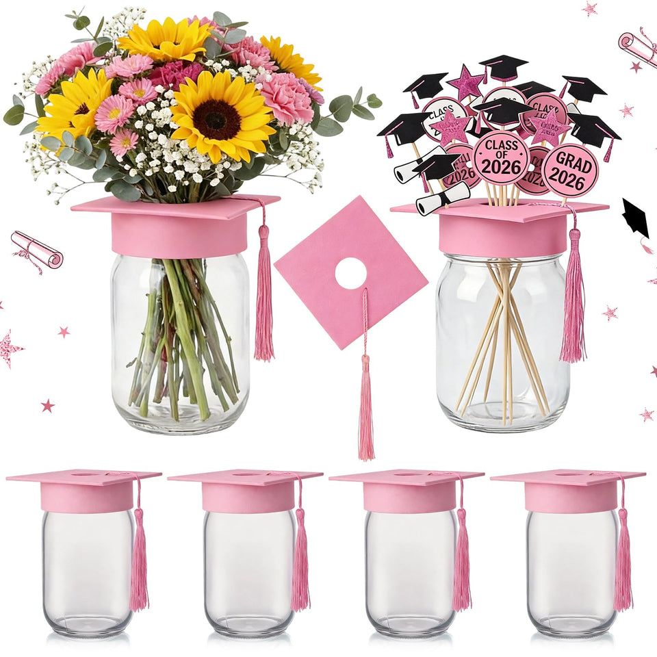 Qinyoung graduation-cap mason jar pink with perforated lid, ideal for table centerpieces