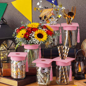 Qinyoung pink graduation cap mason jar showcasing flowers and decor