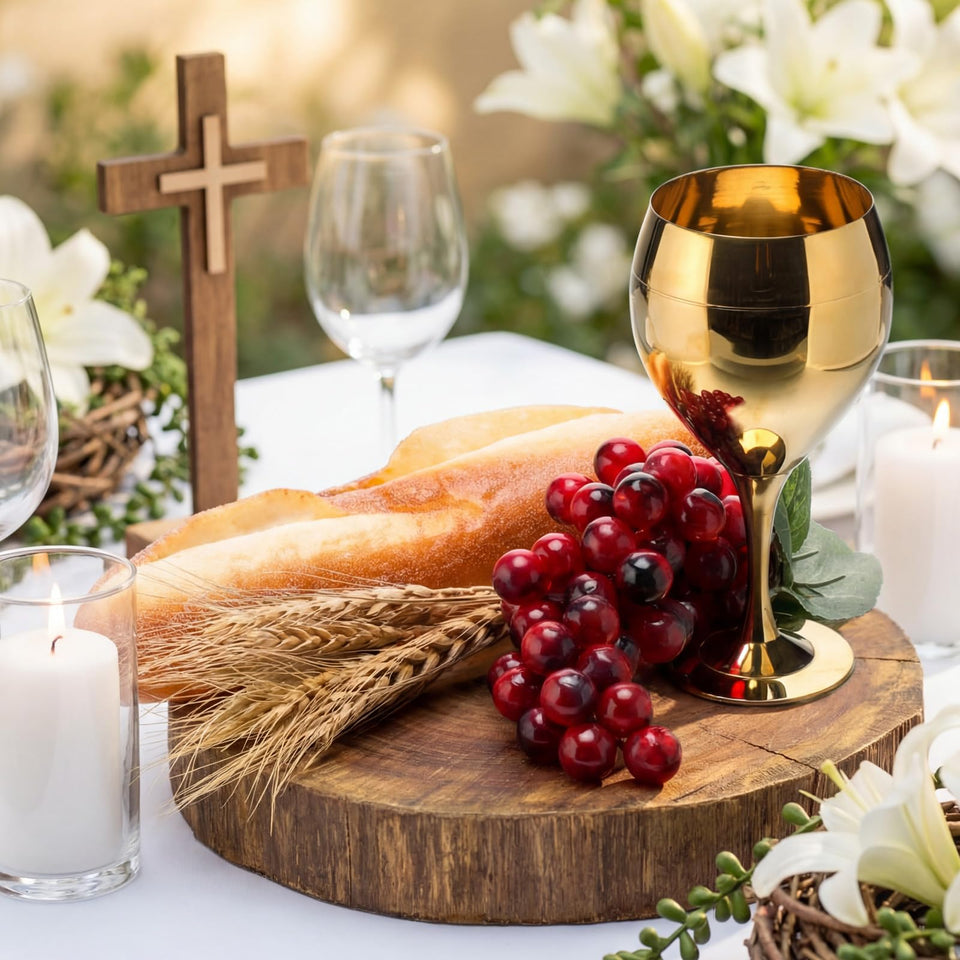 Qinyoung golden chalice for sacred First Communion table decor.