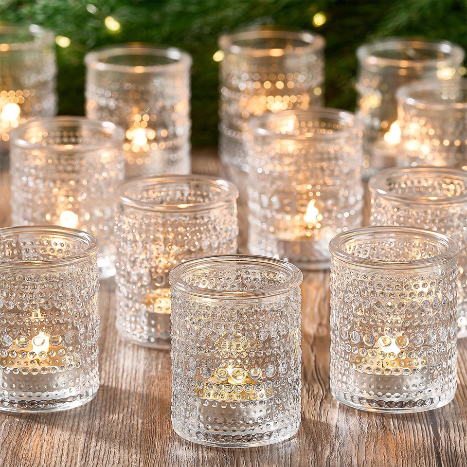 Qipecedm votive candle holders 24-pack close-up with vintage embossed design for warm ambience