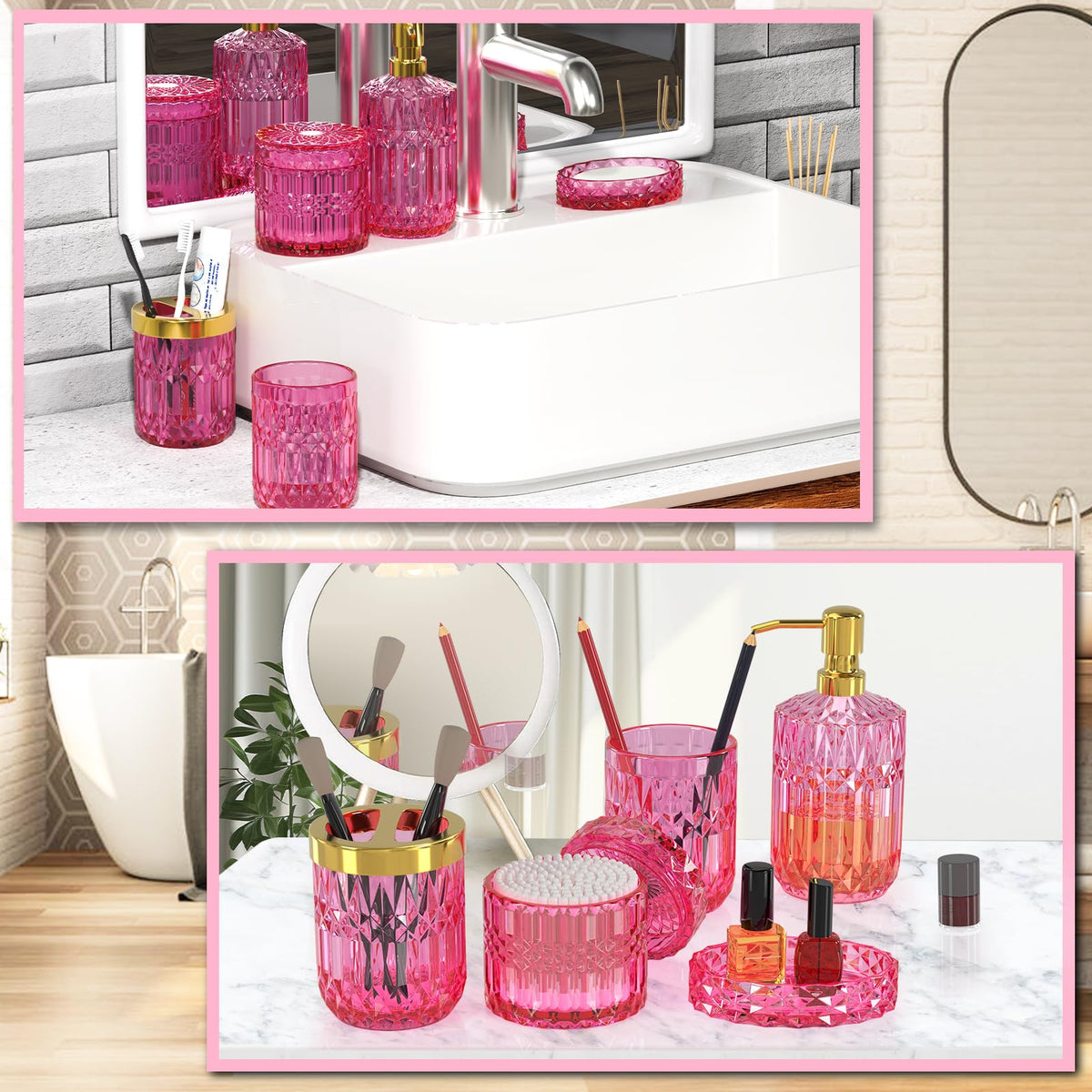 QIQU hot-pink glass bathroom set on counter adds cohesive style.