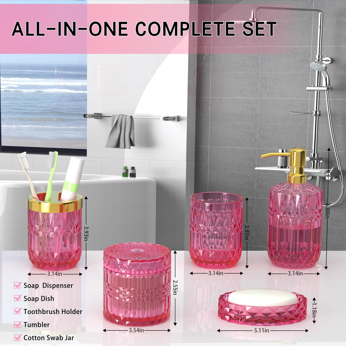 QIQU hot-pink glass bathroom set color detail highlights decor.