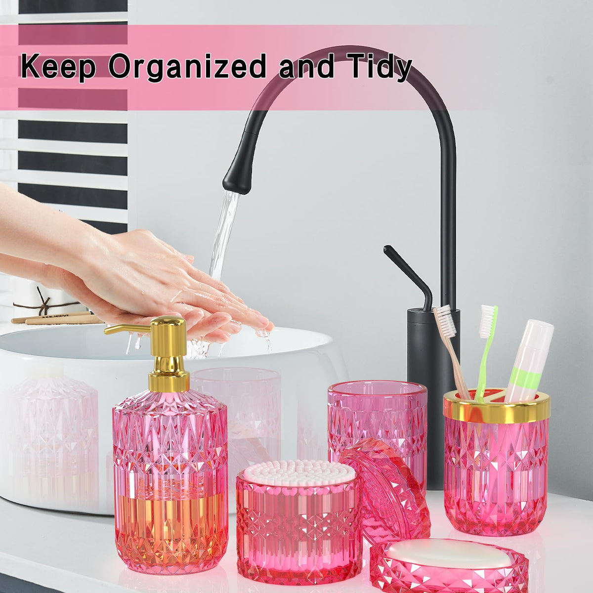 QIQU hot-pink glass cotton swab jar stores essentials neatly.