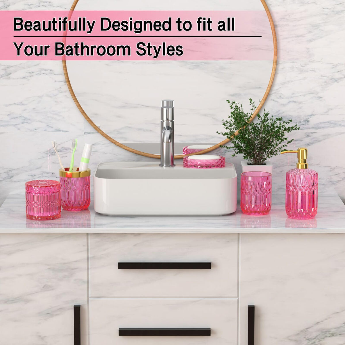 QIQU hot-pink glass lotion dispenser adds color and neatness.