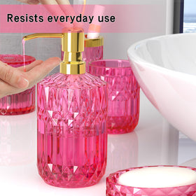 QIQU hot-pink glass soap dish protects surfaces and adds charm.