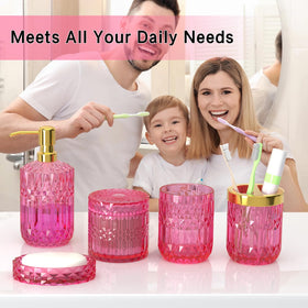 QIQU hot-pink glass toothbrush holder keeps sinks tidy.