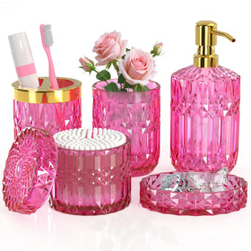 QIQU hot-pink glass tumbler for stylish bathroom organization.