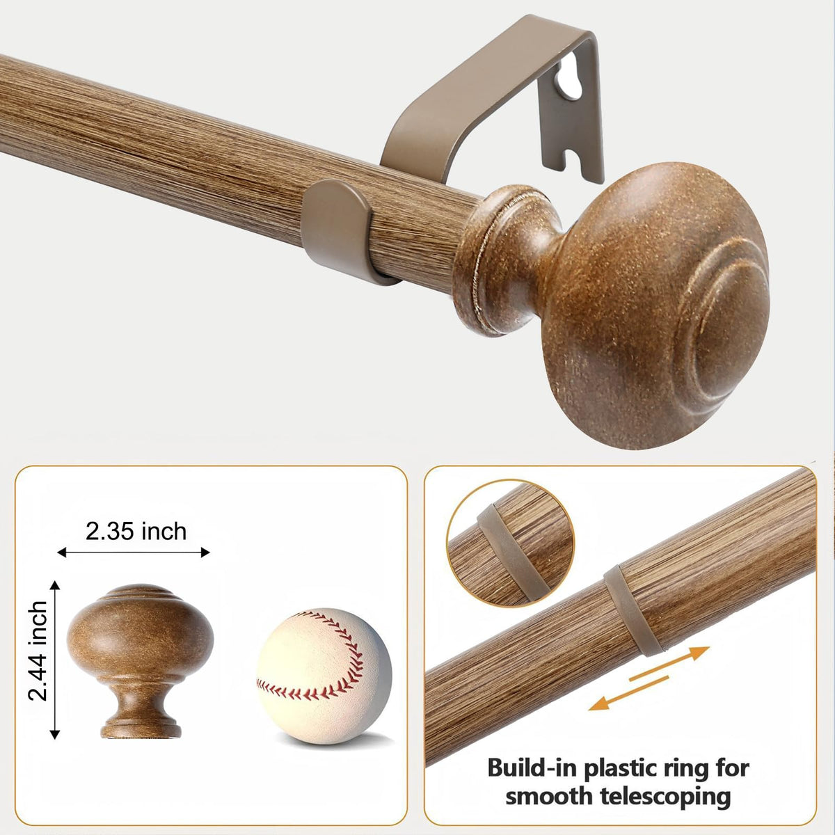 QITERI extendable wood curtain rod fits 32–84 inches for flexible mounting