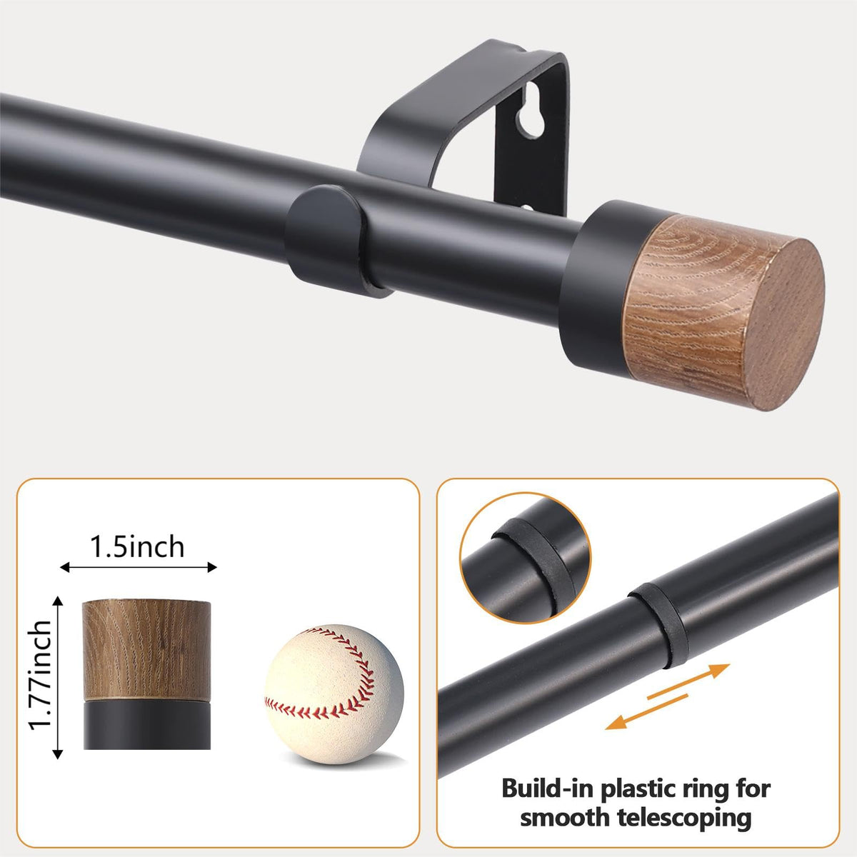 QITERI wood curtain rod with imitation wood grain finials for a premium look