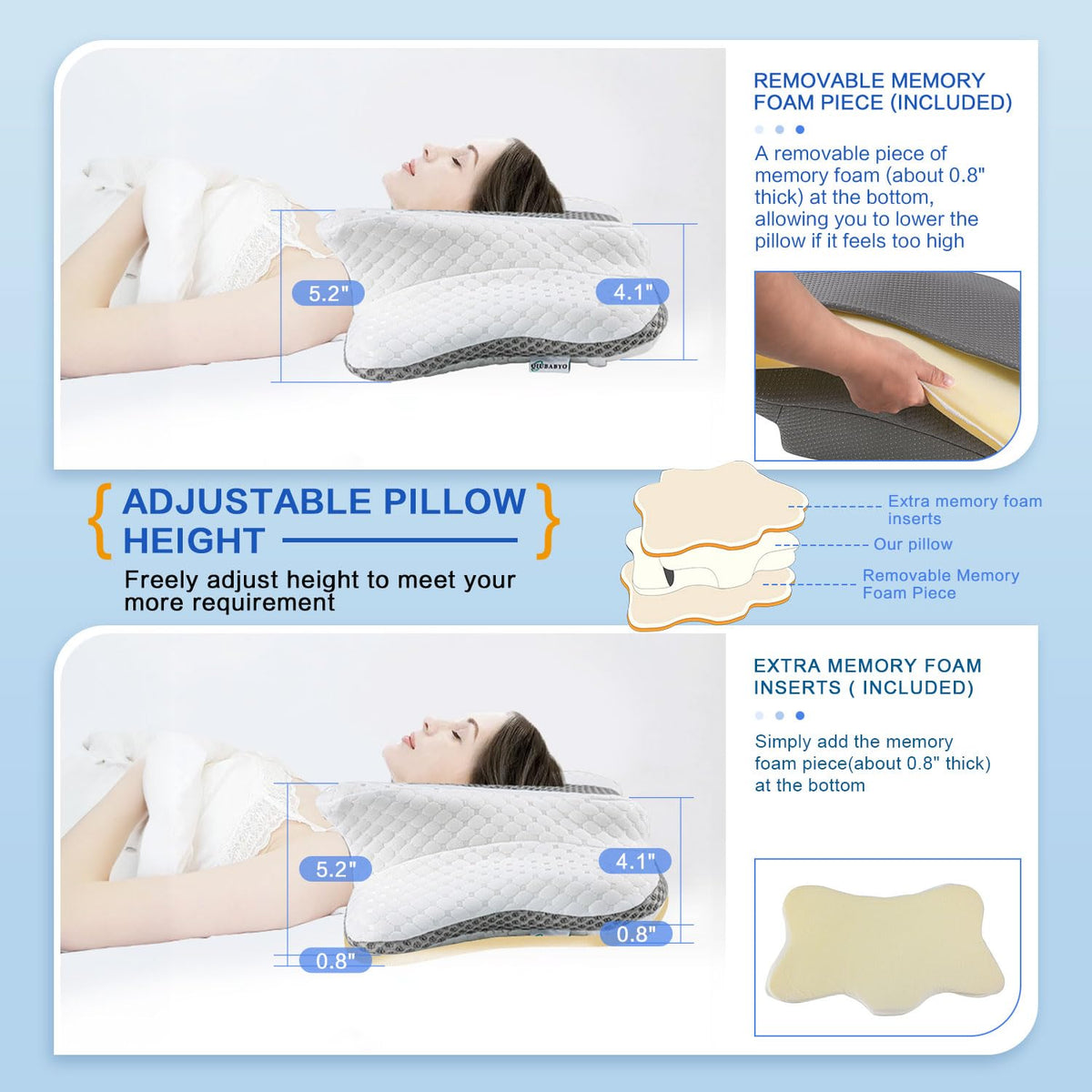 QIUBABYO adjustable-height foam-inserts customize loft for personalized support.