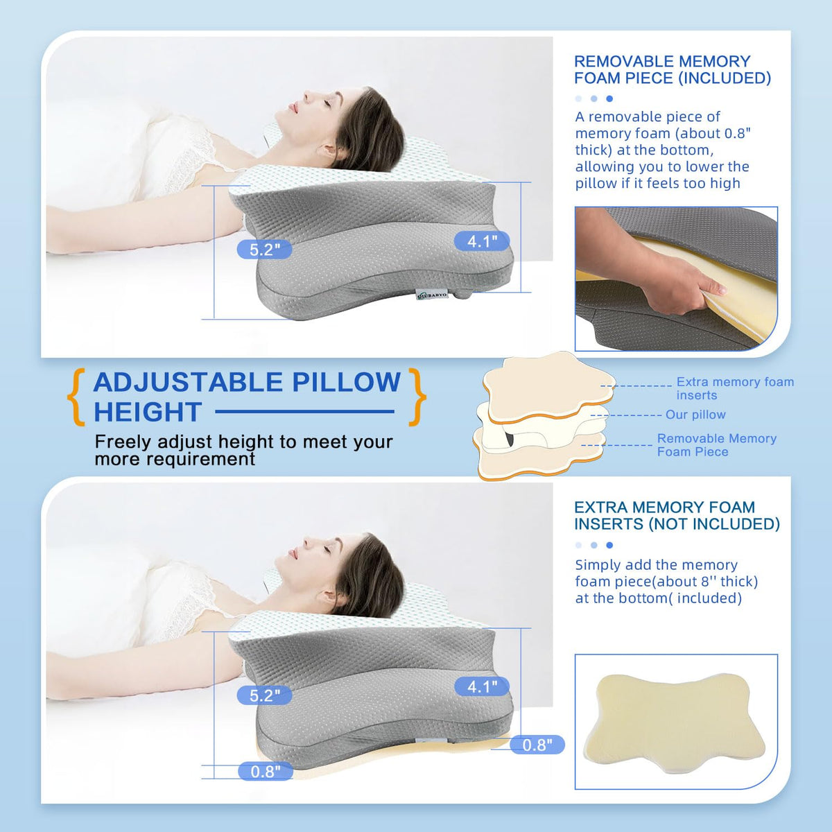 QIUBABYO adjustable-height inserts demonstrate customizable loft for personalized comfort