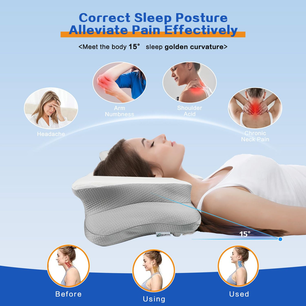 QIUBABYO contour ergonomic pillow shape supports natural neck curvature.
