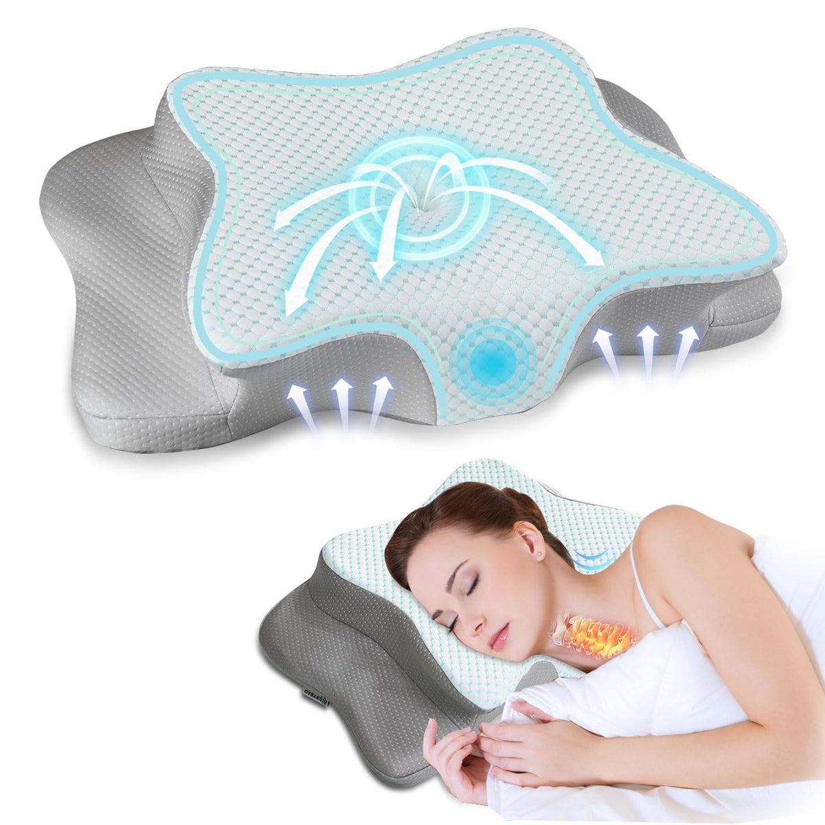 QIUBABYO pain-relief cervical pillow close-up shows ergonomic neck support