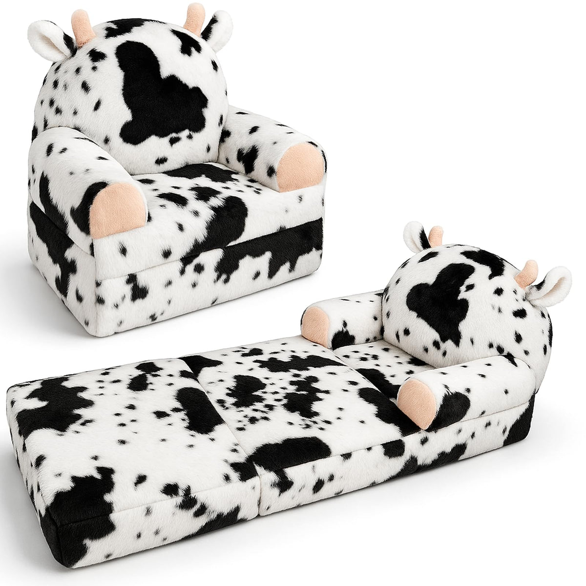 QIUODO toddler chair with faux rabbit fur cow pattern for cozy playtime