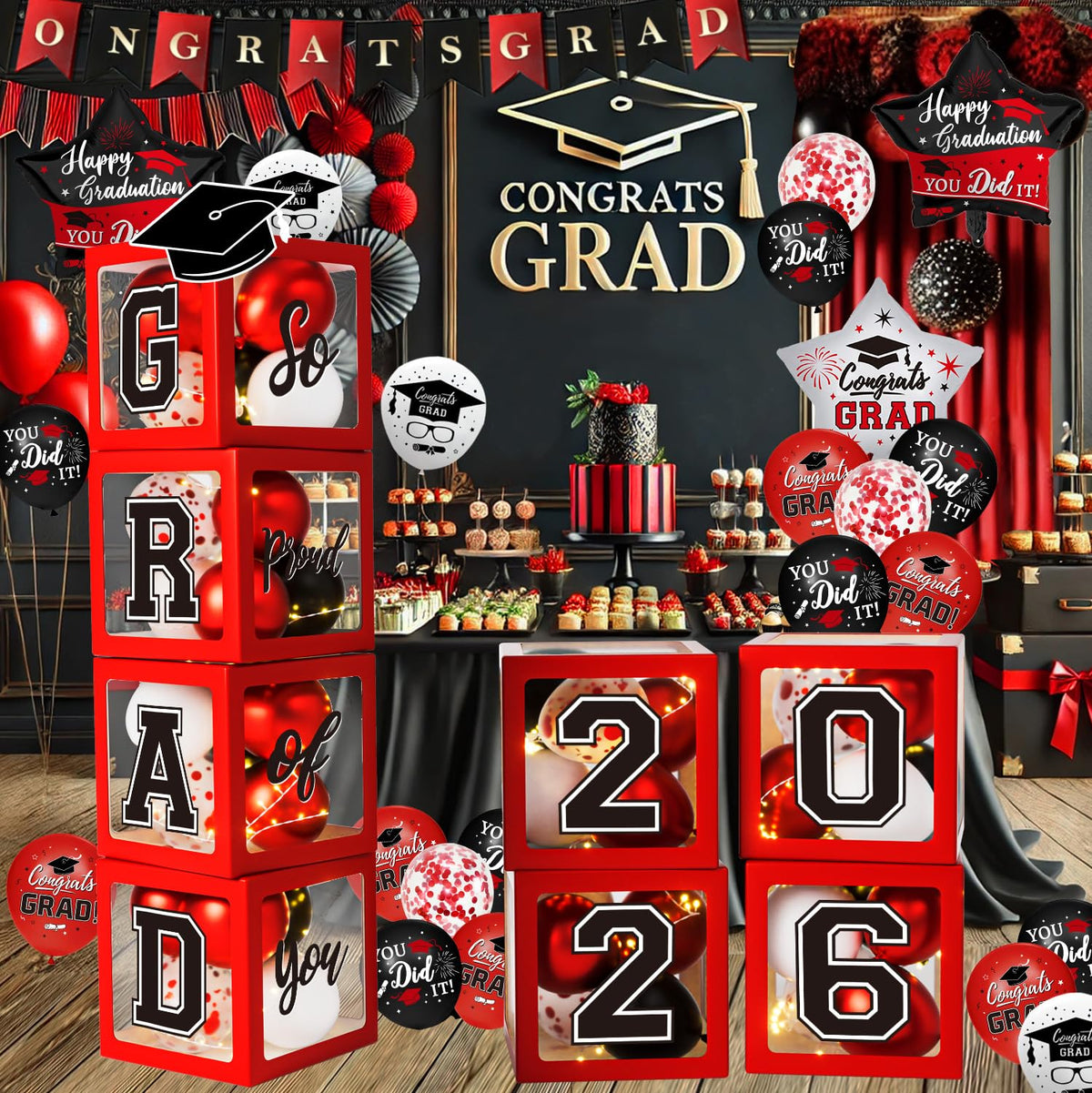 QIYANPAX graduation boxes create a bold red centerpiece for Class of 2026 celebrations.