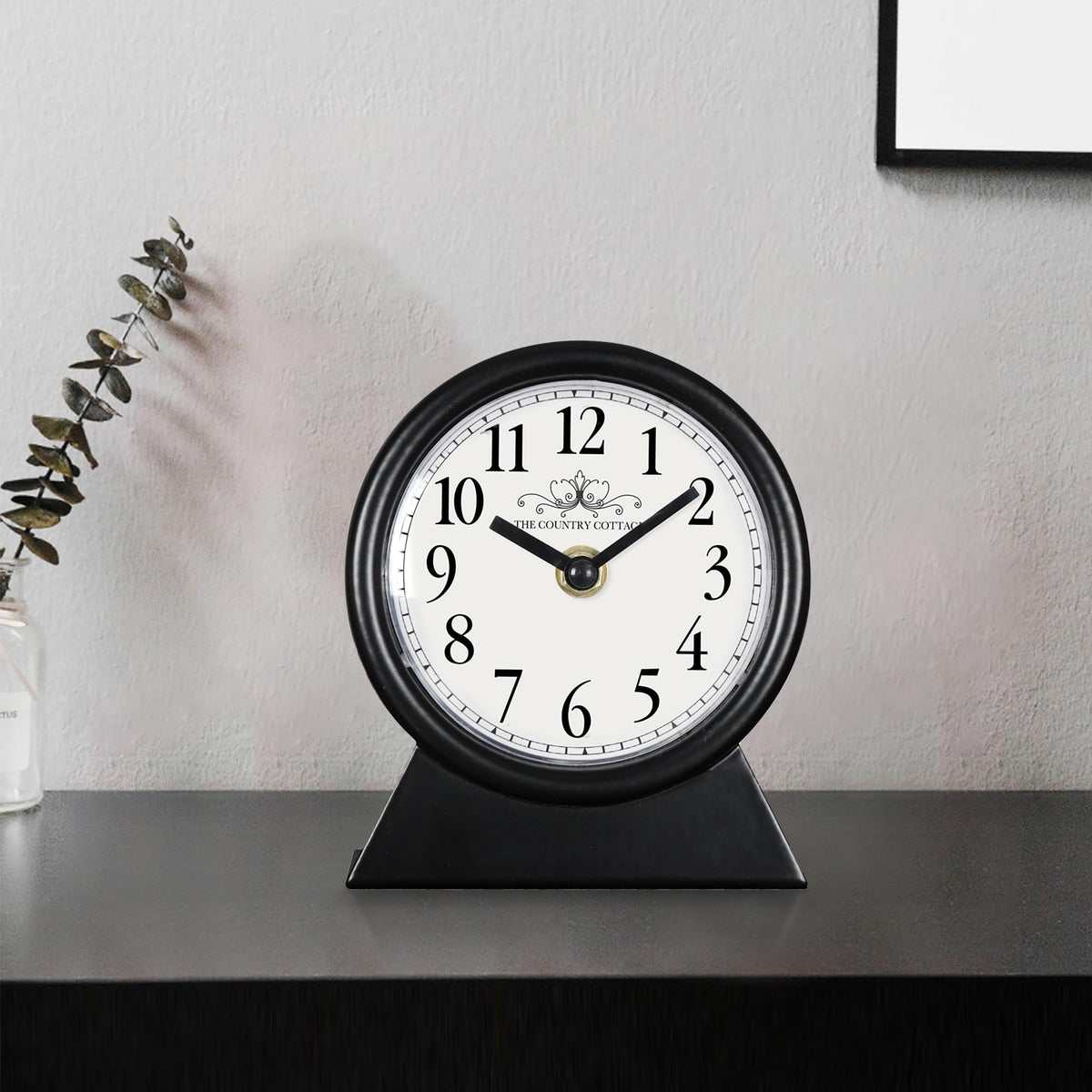 QIYAODECO vintage desk clock front view with distressed metal frame for stylish desk decor