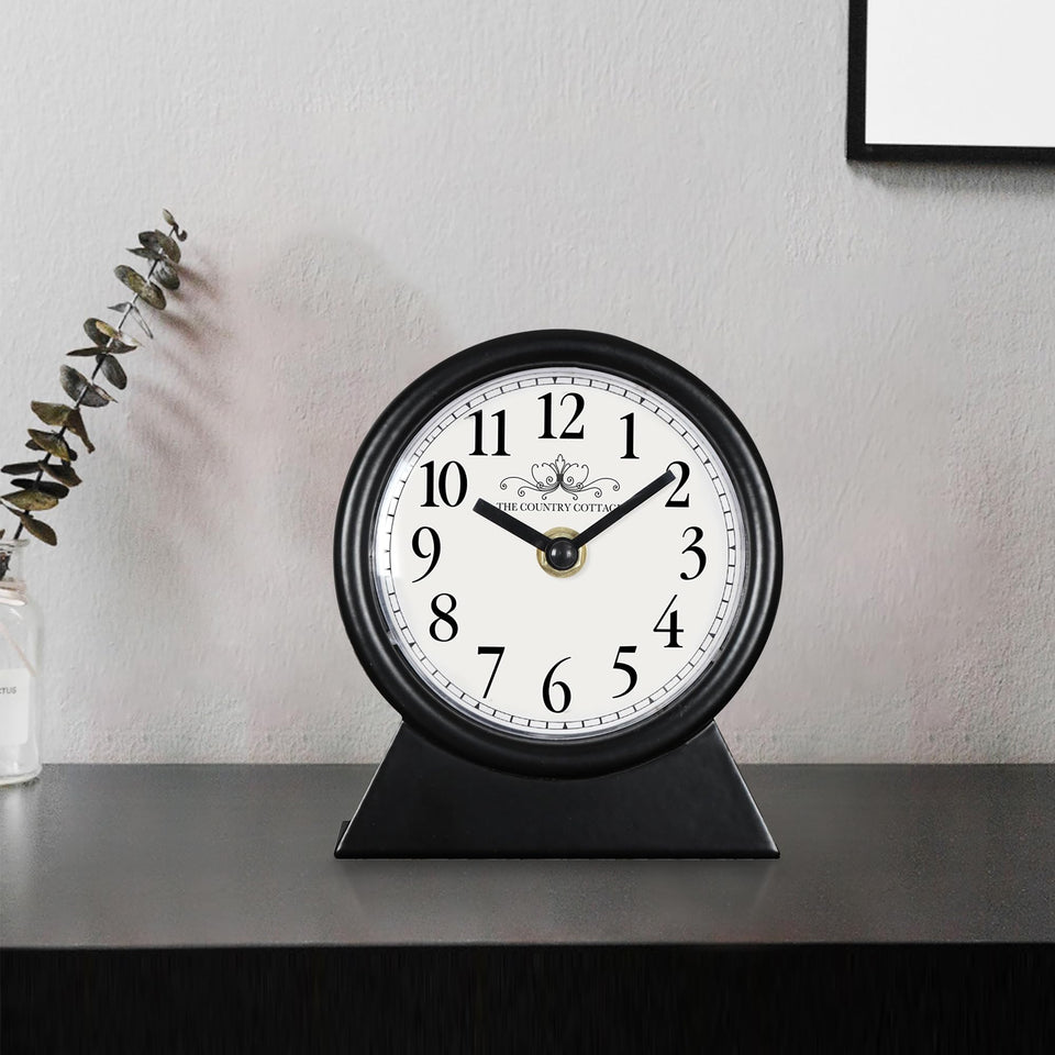 QIYAODECO vintage desk clock front view with distressed metal frame for stylish desk decor