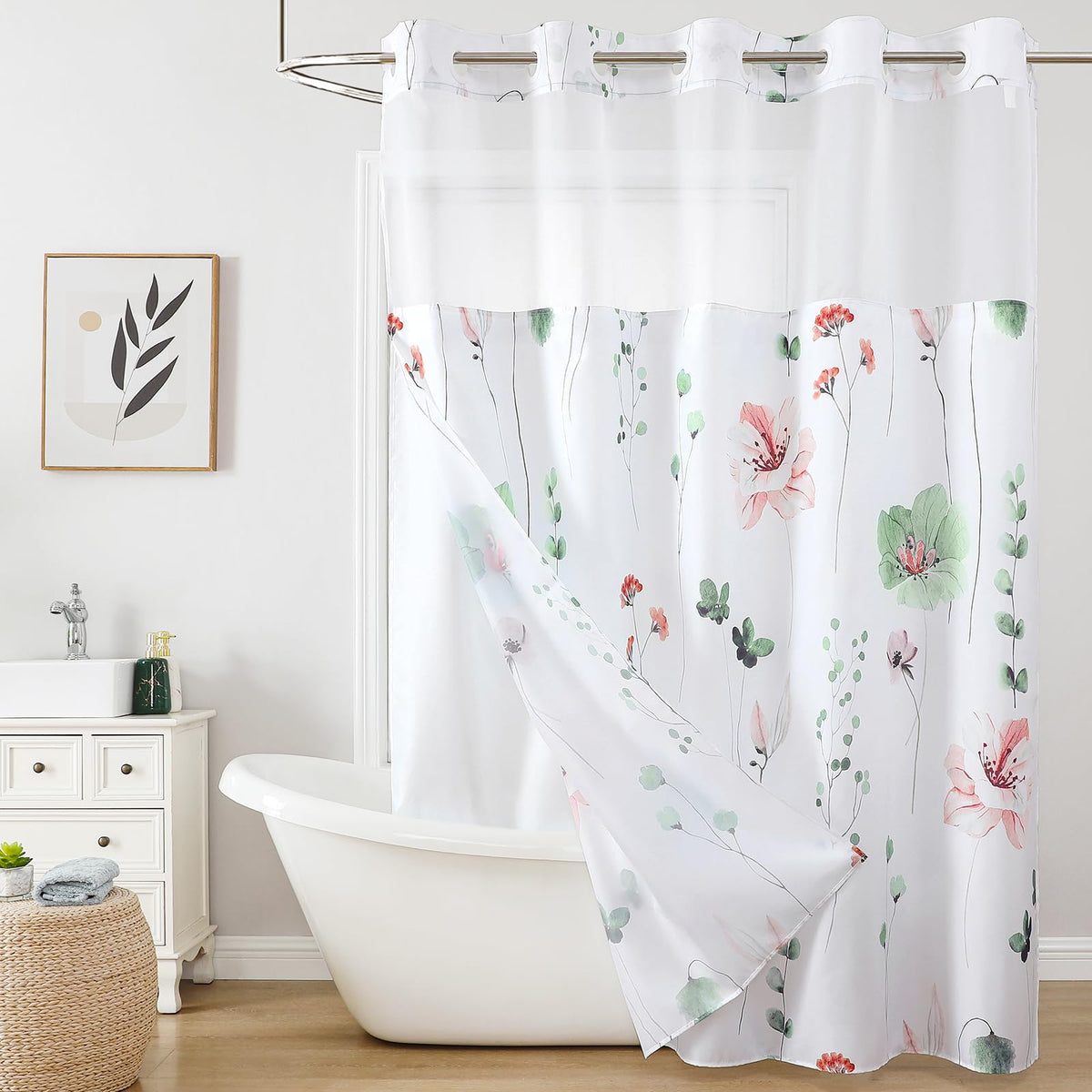 QiyI Flower Curtain with sage-pink watercolor blooms for elegant privacy and decor.