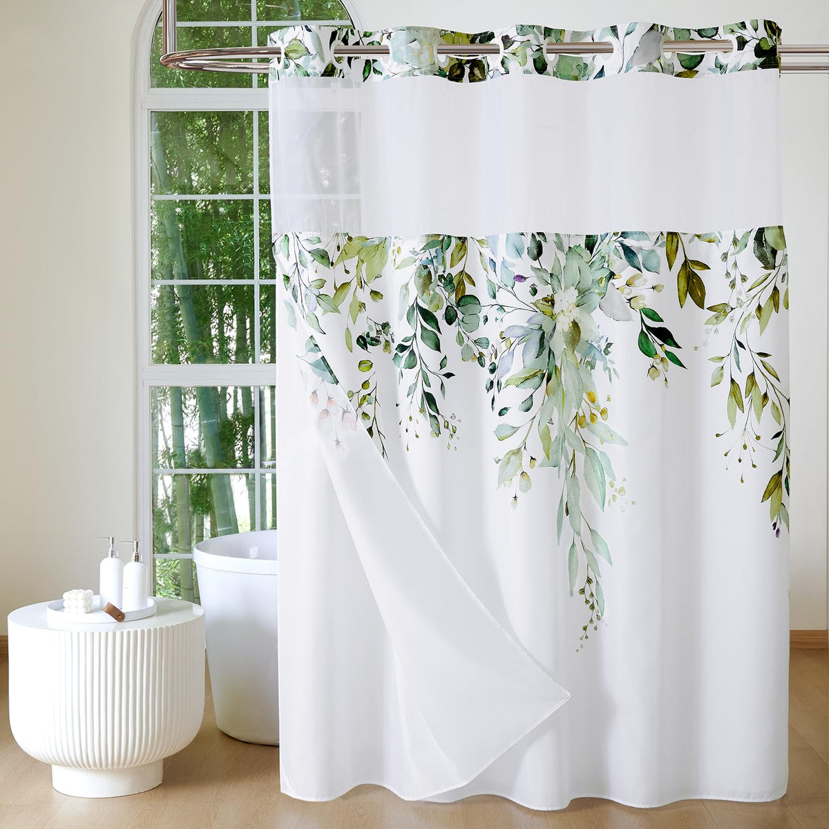 QiyI no-hook curtain with sage-green eucalyptus design enhances bathroom style and ease of setup.
