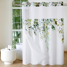 QiyI no-hook curtain with sage-green eucalyptus design enhances bathroom style and ease of setup.