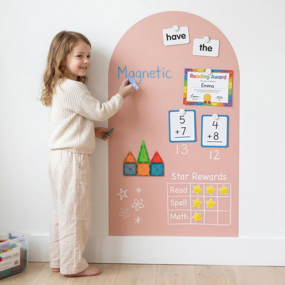 Qiytecno magnetic arch wall decal oversized chalkboard for screen-free play and learning.