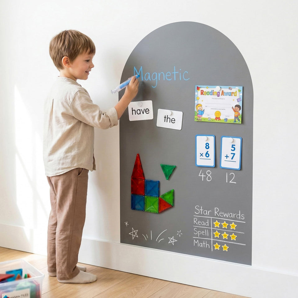 Qiytecno magnetic arch wall decal in Quiet Gray creates a screen-free play space.