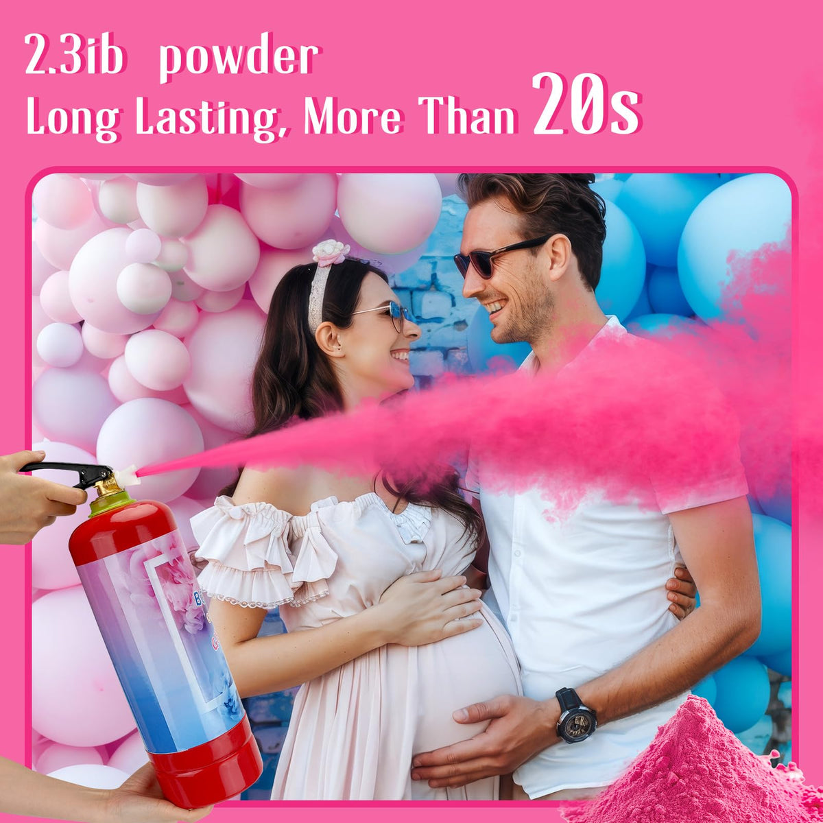 QIYVLOS pink powder inside giant extinguisher creates standout gender reveal sprays