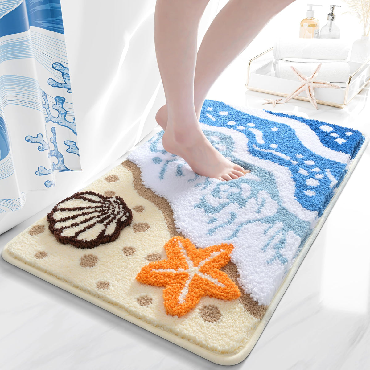QJHOMO coastal bath rug with ocean waves design enhances bathroom decor.