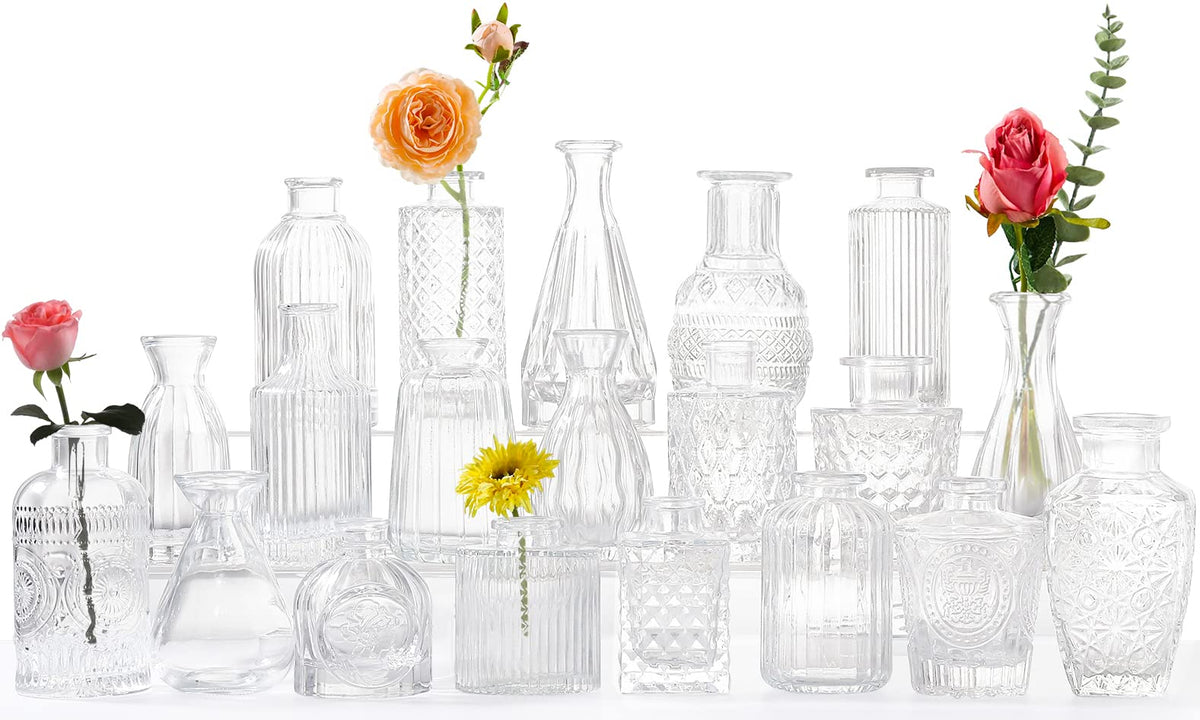 QLOFEI Glass Bud Vase set with varied shapes for elegant centerpieces.