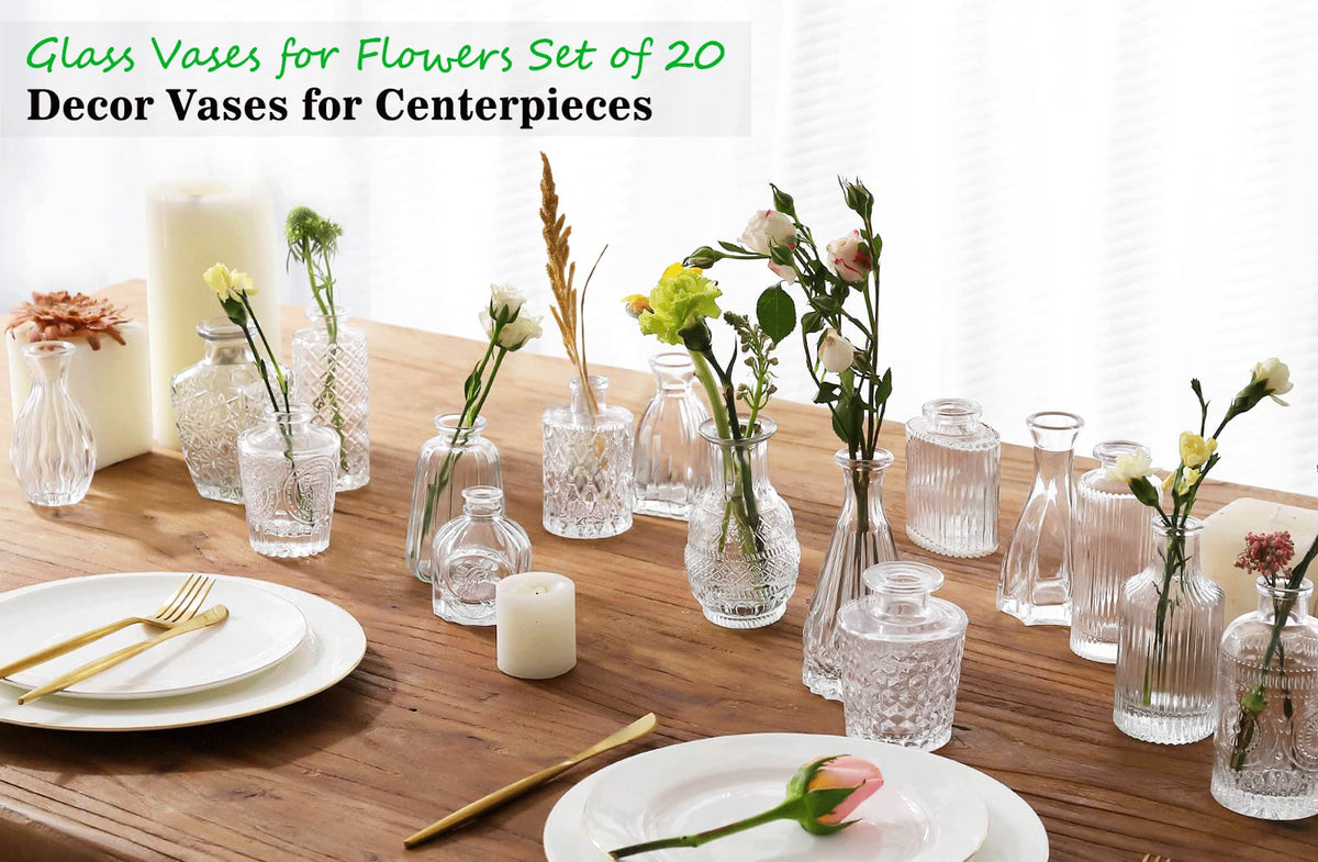QLOFEI Bud Vases in clear glass ideal for petite bouquets.