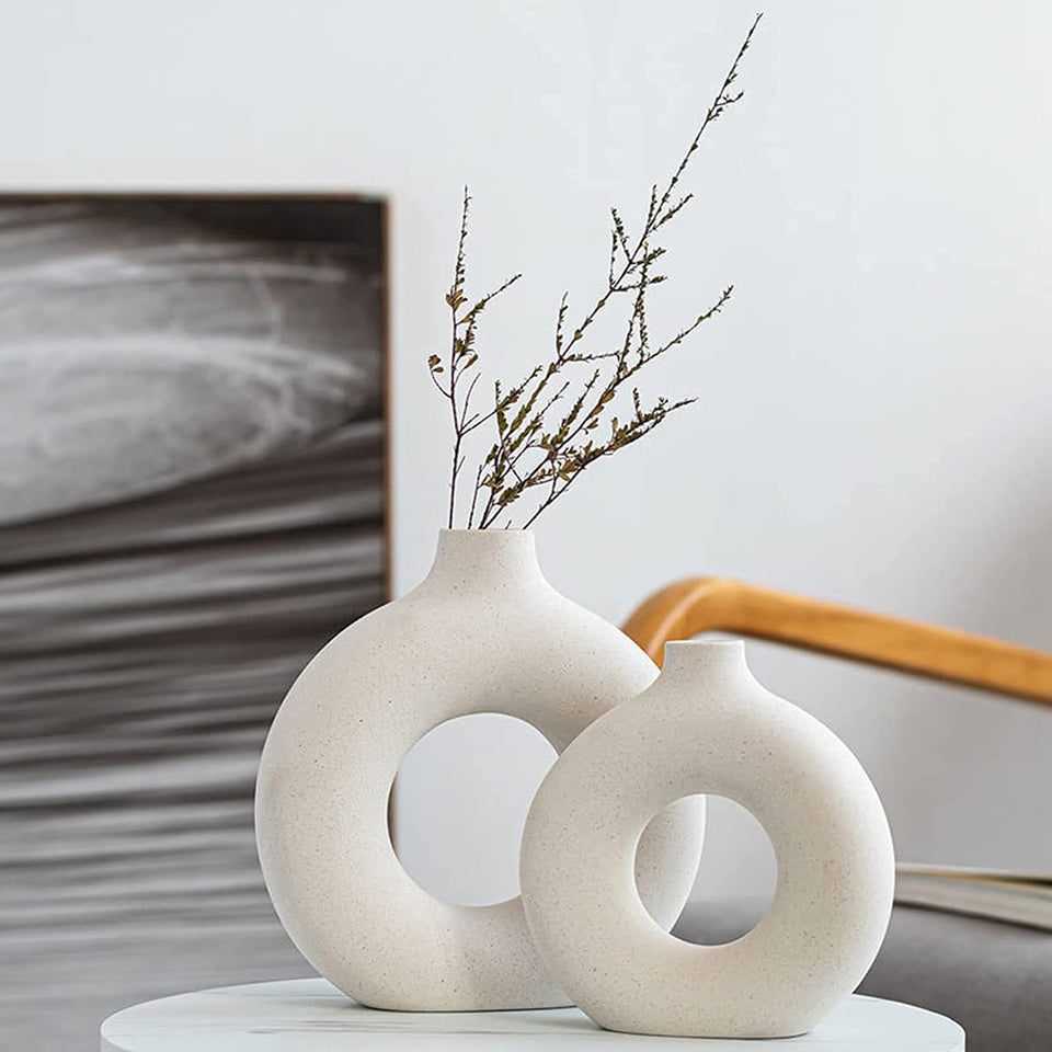 QLOFEI white ceramic vases with donut hollow design for stylish decor