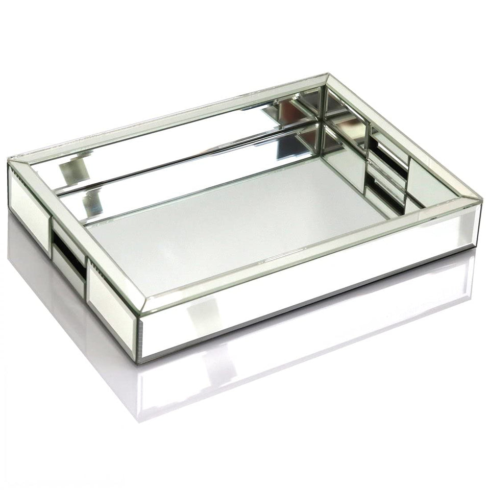 QMDECOR rectangle silver mirror tray 11x14 ideal for organizing cosmetics and jewelry