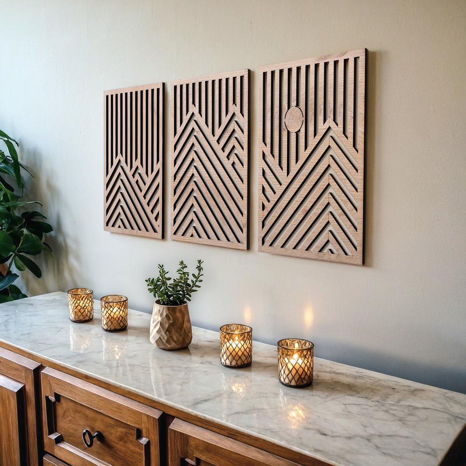 qmmp modern wooden wall sculpture oak mountain enhances living room warmth