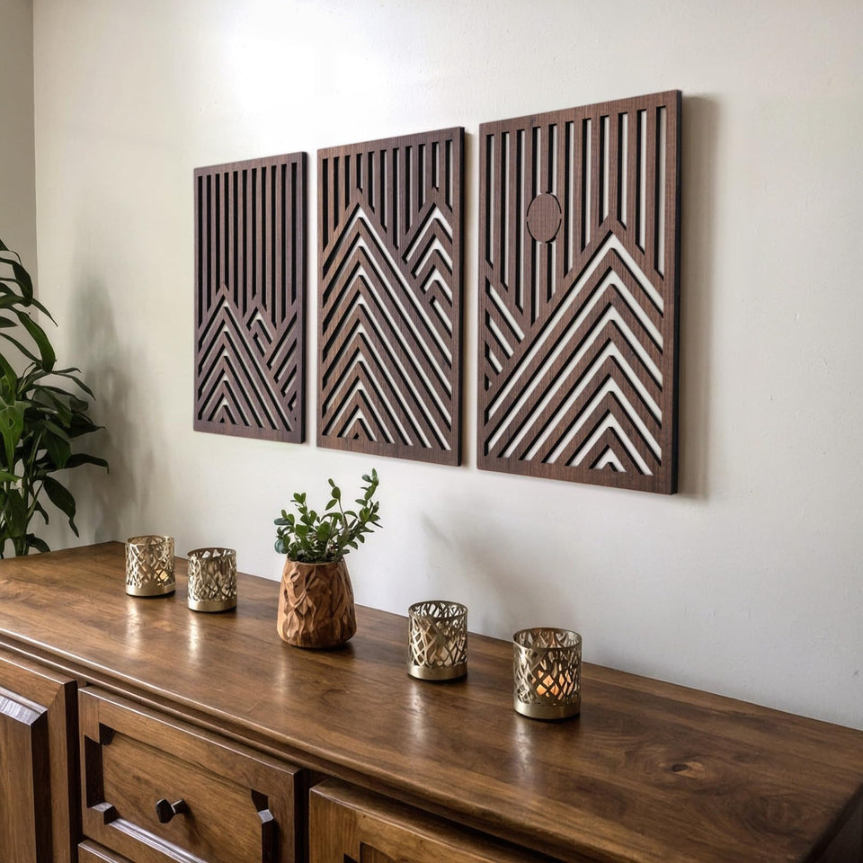 qmmp mountain sun walnut wall art showcases deep grain for a warm living room focal point