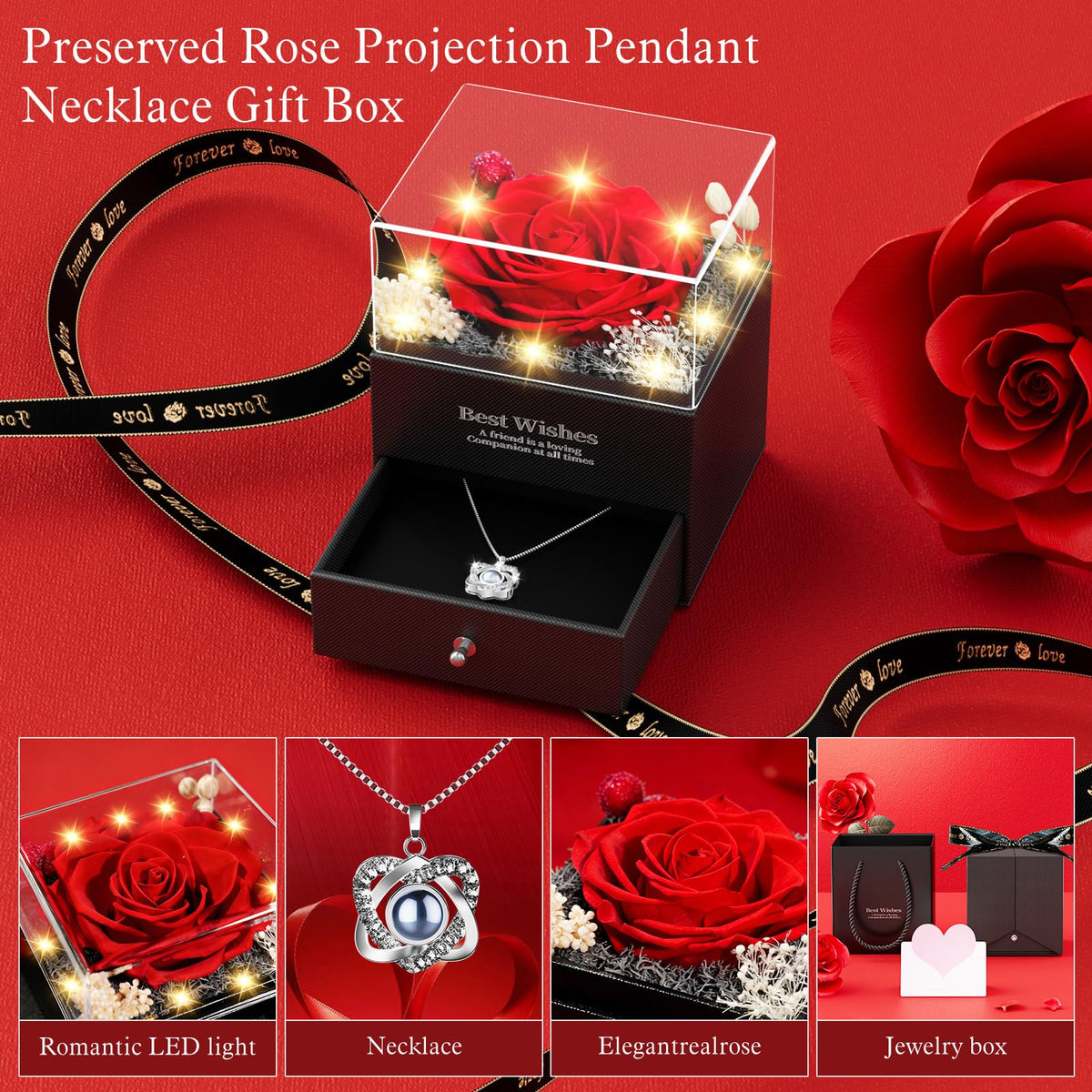 Qnxoat r preserved rose in box with warm illumination unboxing moment