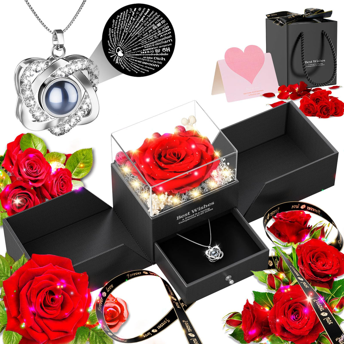 Qnxoat r preserved rose necklace with heart pendant long lasting romantic keepsake