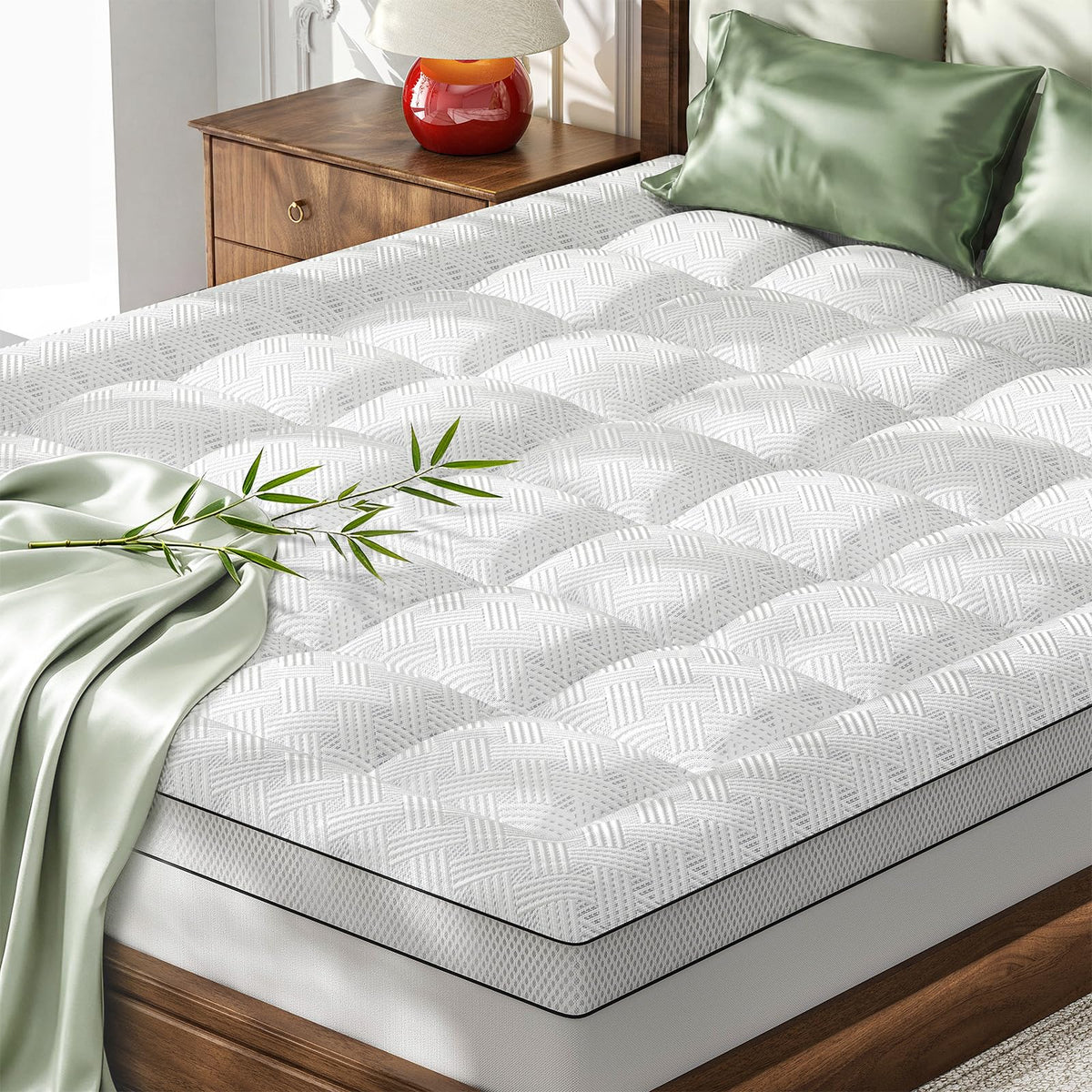 Qocismile Queen Mattress Topper with bamboo cover for cooler, breathable sleep.