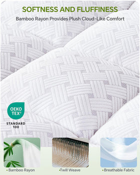 Qocismile queen topper close-up of fabric showing breathable bamboo fibers for cooler nights.