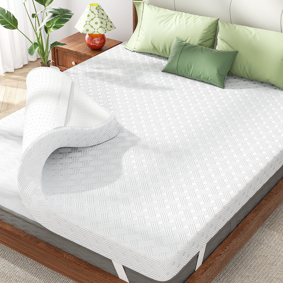 Qocismile Queen Topper close-up of breathable bamboo cover for cooler nights