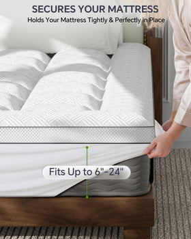 Qocismile topper demonstrates deep-pocket fit securing to the mattress.